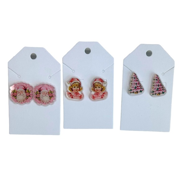Set of 3 Pink NEW Christmas Holiday Stud Acrylic Handmade Earrings - Picture 1 of 6